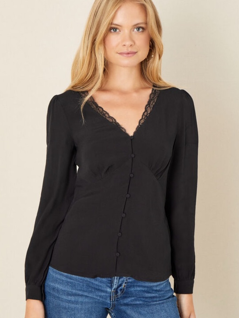 Monsoon UK Black Lace Trim Button Up Blouse Size 8 Whimsigoth Fairy Milkmaid